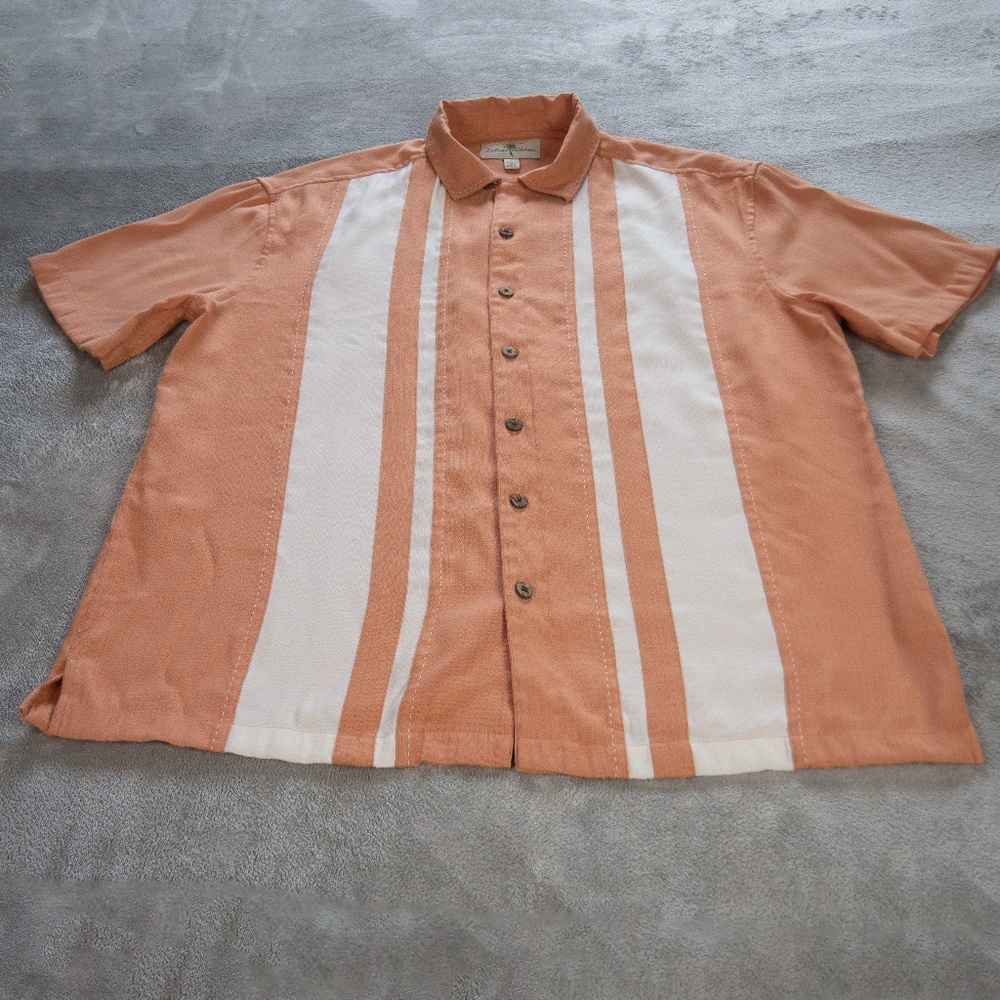 Vintage Island Shores Retro Hawaiian Shirt Large Orange White Striped Button-Up